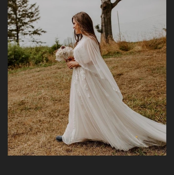 Chiffon Mesh Ivory Wedding Veil Cape with train - Picture 6 of 16